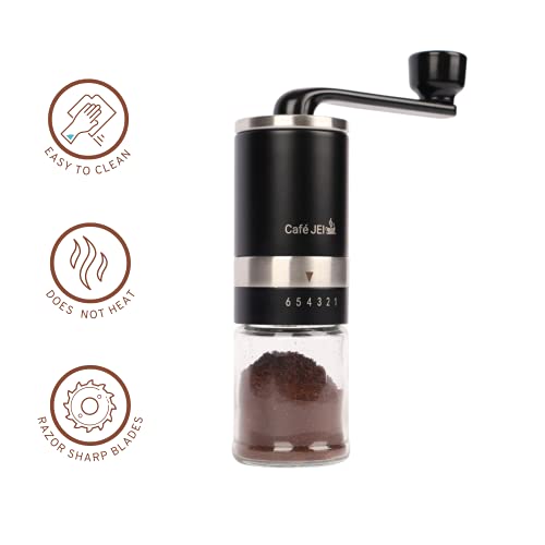 Image of Cafe JEI Manual Coffee Grinder with Adjustable Settings - Ceramic Conical Burr Mill & Brushed Stainless Steel Body, Whole Bean Coffee Grinder for Drip Coffee, Moka Pot, Espresso, French Press (Black)