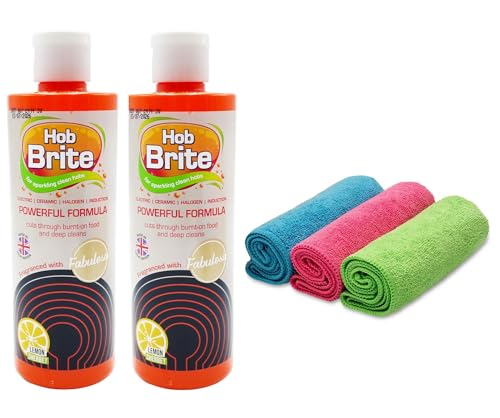 Hob Cleaner, Hob Brite Original Ceramic, Electric, Halogen and Induction Hob Cream Cleaner (250ml, Pack of 2) and Microfibre Cloths