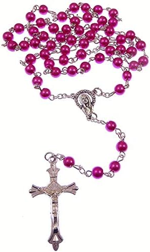 R. Heaven Catholic dark pink glass rosary beads on silver chain 5