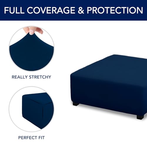 Image of PureFit Super Stretch Form Fit Ottoman Cover Rectangle - Ottoman Slipcovers for Foot Stool Cover & Folding Storage Slipcover for Living Room with Nonslip Elastic Bottom (Medium-L, Navy)