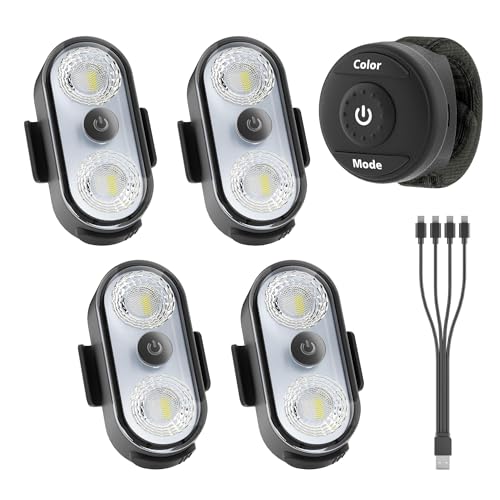 Wireless LED Lights for Car 4PCS- Button and Remote Control Interior Ambient Strobe Light USB-C 120H 8 Colors IP65 Waterproof Rechargeable Underglow Light for Cars Trucks eBike Motorcycle
