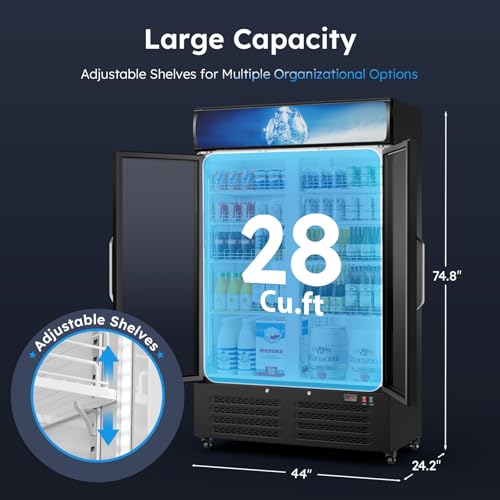 44"W ETL & DOE Certified 28 Cu Ft Commercial Merchandiser Refrigerators 2 Doors, Display Beverage Fridge with Built-in LED Light & Front LED Light,Double Glass Door Upright Business Retail Cooler