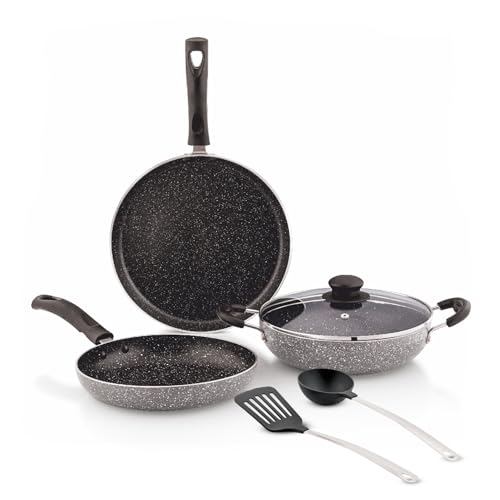 Amazon Brand - Solimo 6 Piece Non-Stick Cookware Set | Granite Finish | Induction Base | PFOA Free | HTR Exterior Coating | 25cm Tawa, 22 cm Kadai, 22