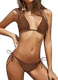 SHEKINI Womens Bikini Set Triangle Halter Lace-up Swimsuit Sexy Bathing Suits Low Waisted Tie Side Bottom Two Piece Swimwear, Brown, Small