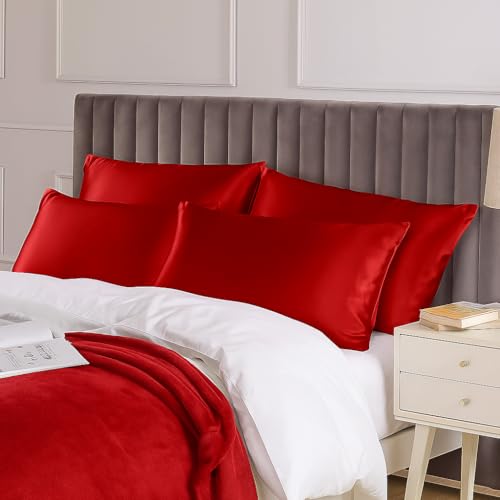 Image of Satin Pillow Covers Set of 2 - Soft & Smooth Pillowcases for Hair & Skin Care | Envelope Closure | Includes 3 Free Random Color Scrunchies | Frizz-Free Sleep Essentials (Red)