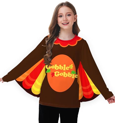 Turkey Shirts for Kids Girl Long Sleeve Thanksgiving Tops Bat Wings Sleeves Brown Gobble Blouse 11-12 Years