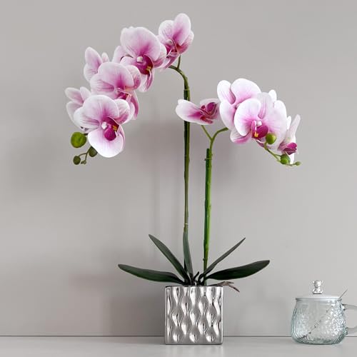LZTDRZH Artificial Orchid with Silver Vase, 20 Inch Purple Heart White Flowers, Indoor Home Decor