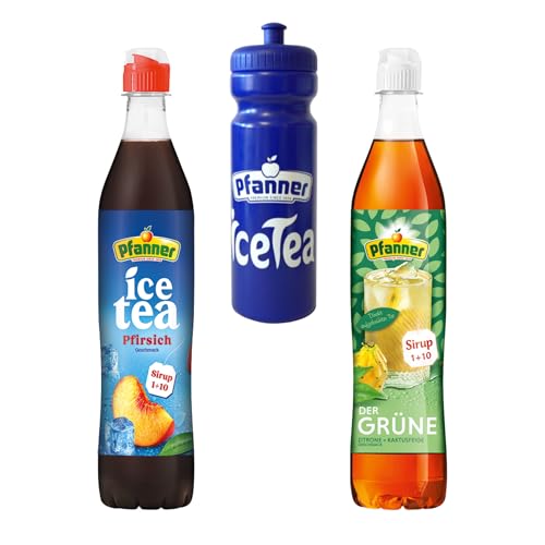Pfanner Sirup Probierpaket 2 x 700ml + Pfanner Sportflasche GRATIS (1× Eistee Pfirsich, 1× der Grüne) - Erfrischende Vielfalt für Genießer