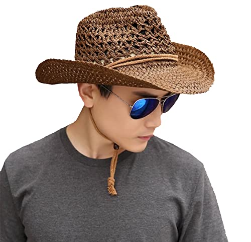 Western Cowboy Handmade Straw Hat Men & Women Outdoor Beach Straw Seaside Wide-Brimmed Hat Sunscreen Sun Hat Straw Denim (Color: Light Brown), 58-60 Cm / 22.8-23.6 Inches #TOP3