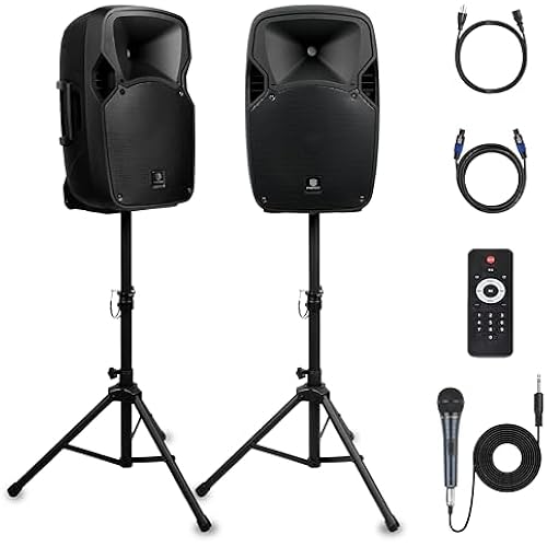 PRORECK Party 12 12-Inch 1800W 2-Way Powered PA Speaker System Combo Set with Bluetooth/USB Drive/SD Card/FM/Remote Control/Speaker Stands for Indoor, Outdoor DJ Parties, Personal Gatherings, Karaoke