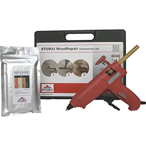 STUBAI WoodRepair Holzreparatur Set BASIC mit Astfüller-Pistole 80W & 8 Stäben Mix 1 für Knoten Risse und Holzschäden Reparatur für Fenster Parkett Möbel Profi & Heimwerker Set im Koffer