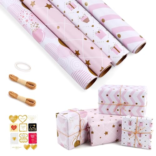4 Rollen Geschenkpapier Set Rosa, 43cm x 300cm Packpapier Geburtstag, Geschenkpapier Rolle mit Aufkleber und Jute Schnur, Gift Wrapping Paper für Hochzeit, Muttertag, Valentinstag