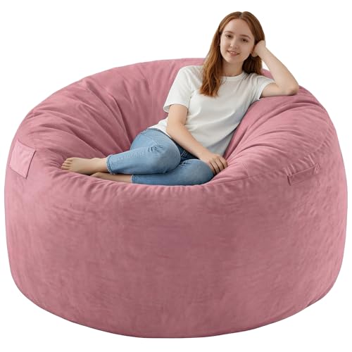 SIMFLAG 5FT Bean Bag Chair Large Bean Bag Chairs with Memory Foam Filled Fluffy Beanbag Sofa with Dutch Velvet Cover Round BeanBag Chairs for Living Room Playroom - Dusty Pink