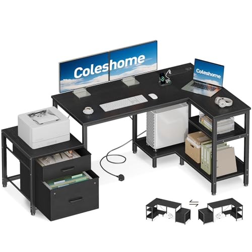 Coleshome Corner Desk with Drawers, 140×80 cm L Shaped Computer Desk with Storage Shelves & CPU Stand, Reversible Home Office Corner Desk with Power Outlets, Black