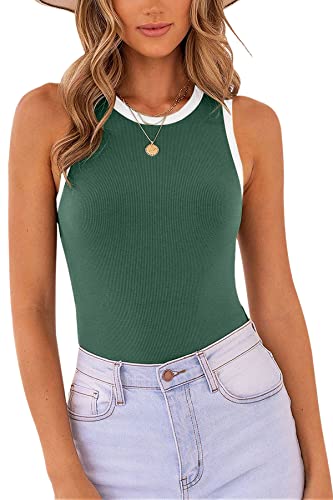 MISSJOY Women's Ribbed Tank Bodysuit Sleeveless High Neck Color Block Slim Fit One Piece Tops Casual Summer Bodysuit