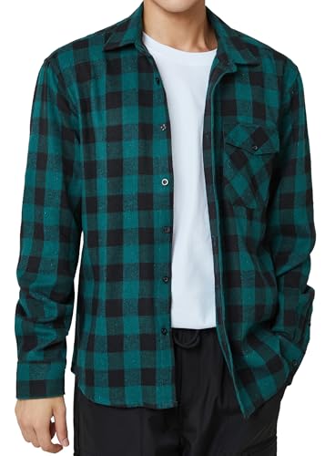 [HISDERN] シャツ メンズ チェック柄 長袖 カジュアル: ネルシャツ グリーン ブラック ゆったり かっこいい 格子 快適 柔軟 吸汗 速乾 緑 黒 大きいサイズ おしゃれ ファション 0373G1 M 288C - HISDERN - 商品画像