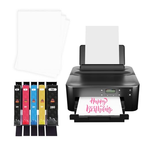 HueMix Cake Topper Image Printer with 5 Set Ink Cartridges, 25pcs Edible Papers