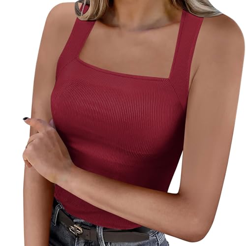 Dyhxuan Camiseta de tirantes para mujer, corte ajustado, camiseta de tirantes básica, sin mangas, camiseta de verano, cuello cuadrado, elegante, blusa con tirantes, informal, acanalada, camiseta de