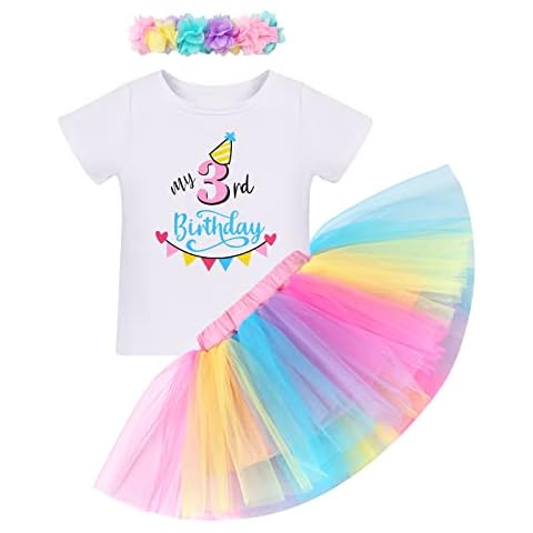 Girl My 3rd Birthday Outfit Toddler Kids Three Years Old Party Cake Smash Photo Shooting Clothes Cotton Short Sleeve T-shirt Top Rainbow Tulle Tutu Skirt Flower Headband 3pcs Set Rainbow 3rd Birthday Cover