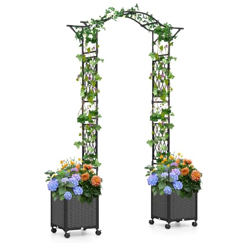 HOMASIS Arco da Giardino con Sistema di Auto-Irrigazione, 2 Vasi e 8 Ruote, Recinzione da Giardino in Metallo Anti-Ruggine, Supporto per Piante Rampicanti per Matrimoni, 208 x 40 x 250 cm (Grigio)