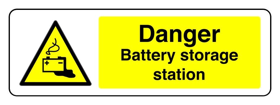 Danger Battery Storage Station - safety sign - High tack self-adhesive sticker (300mm x 100mm) Viewing Distance within 5m.