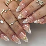 Vesavifaka Press on Nails, Mittellange Almond 3D Fake Nails mit Schleife und Goldlinie, French Tip Design, Glitzer Acryl Nägel zum Aufkleben für Frauen, Press on Nails Kurz, 24 Stück