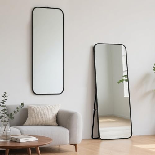 ECHOLYMTT Grand Miroir sur Pied 140x40 cm Noir en Verre Trempé, Format Rectangulaire pour Corps Entier, Mural ou sur Support