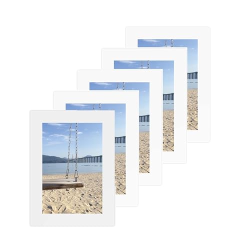 【5枚セット】サイズ対応 壁掛け・卓上両用 フォトフレーム 写真・ポストカード・絵画展示用 すっきりデザイン ブラック/ホワイト/ウッド調 (色選べる) (ホワイト, 5 X 7)