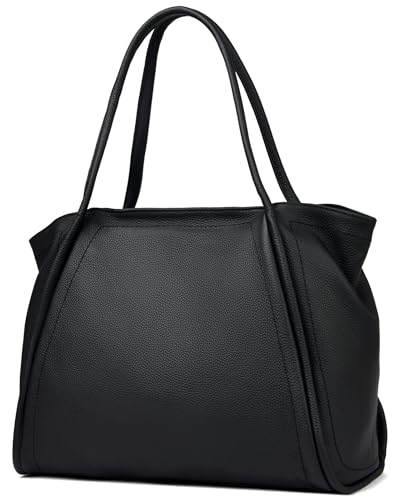 Genuine Leather Tote Bag for Women, Pebbled Work Shoulder Bag Fits 15.6-inch Laptop, Large Capacity Handbag with Zipper and Pockets (Onyx Black)