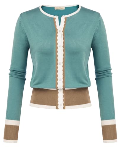 Image of Women's Cardigan Sweater Color Block Long Sleeve Crew Neck Knit Cardigan Trendy Cropped Cardigan Shrug