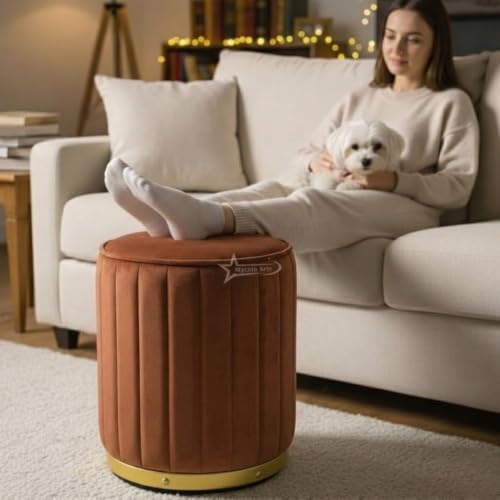 Image of Upholstered Round Linen Strip Stool Living Room Foot Rest Office Stool Pouf Ottoman Padded Seat (Coffee)