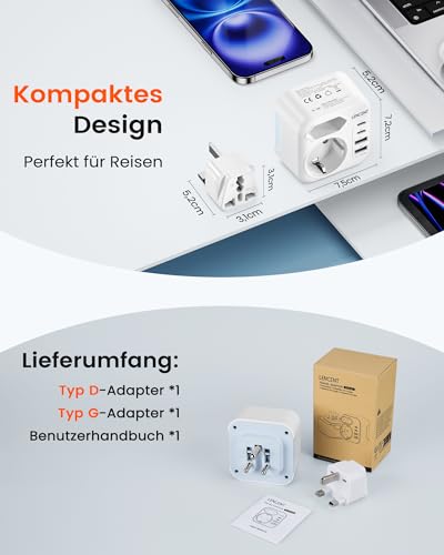 LENCENT Typ D und Typ G Kombi-Reiseadapter mit 2 USB-C 2 USB-A Anschlüße Klappbarer Reisestecker für Malediven Sri Lanka Tansania Sansibar Ghana Reisesteckdose Steckdose Stecker Adapter Stromadapter