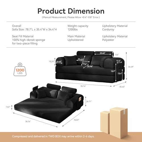 Image of Upgrade High Backrest Design Sofa Bed with Fixed-Shape Frame & Removable Armrests and Backrest, Corduroy Fabric, Convertible Mattress Couch for Small Spaces - No Assembly Needed (Black)