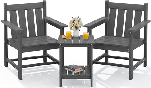 SERWALL 3 Pieces Patio Bistro Set, All Weather Adirondack Chair Set with Side Table, HDPE Material Outdoor Patio Furniture Set for Balcony, Porch, Garden, Backyard- Gray