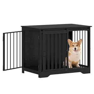 Hzuaneri Dog Crate Furniture, 81 cm Double Door Wooden Dog Crate with Barn Door, Indoor Kennel, End Side Table Animal Crates for Small Medium Dogs, Anti-Chew Anti-Escape, Black DFC83604B