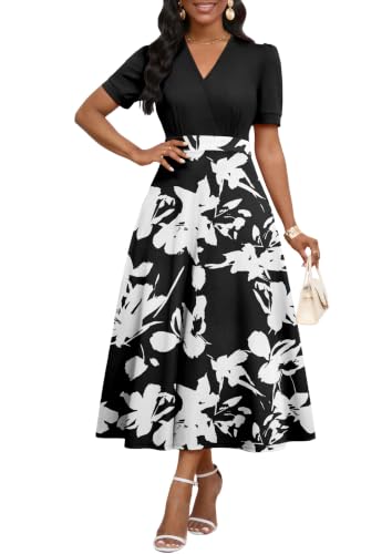 Image of MarryUP Women's Midi Dresses - V Neck Cocktail & Church Tea Dresses - Short Sleeve A-Line Swing Dress
