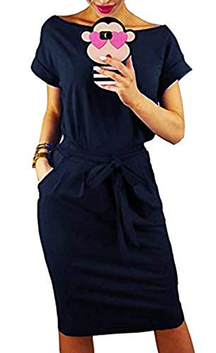 Image of PALINDA Women's Striped Elegant Short Sleeve Wear to Work Casual Pencil Dress with Belt