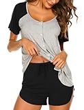 Ekouaer Women's Pajama Short Sleeve Sleepwear Soft Pj Set Top and Shorts Pajamas Set Light Grey L