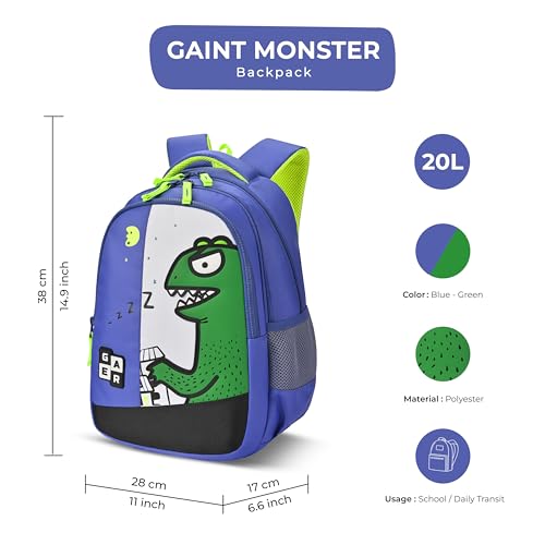 Image of Gear Giant Monster Backpack 15 inch /20L Small Water Resistant School Bag /Casual Backpack /Daypack /Kids Bag for Boys /Girls (Blue-Green)