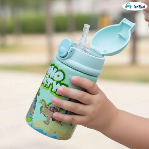 Image of FunBlast Dino Party Water Bottle with Straw for Kids - Insulated Stainless Steel Bottle, Anti-Leak, Cute Design, 300 ML Capacity, BPA Free