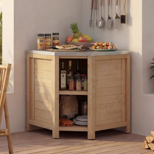 MOUMON Corner Patio Kitchen Storage Cabinet with Stainless Steel Countertop Solid Cedar Patio Prep Table for Grilling Outdoor Cooking Station Oak 35.4W x 35.4D x 37.4H