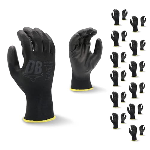 Durabull Protective Work Gloves. 12 Pack Of PU Coated Multi Purpose Safety Working Gloves For Construction, Gardening, Mechanic Work. Heavy Duty Grip, Wear Resistant - (PU1670, Black), 9 (Large)