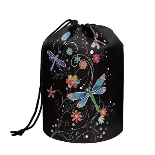 Poceacles Dragonfly Print Small Makeup Bag For Purse Travel Drawstring Cosmetic Bags for Women Multifunctional Barrel Toiletry Bag Organizer Storage Bag, Black