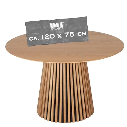 MR. DEKO Esstisch Oria Natur Eichen Optik rund ca. 120x75 cm | Diningtisch in Lamellenoptik | Esszimmertisch helles Holz | runder Tisch für 4 Personen | Küchentisch | Holztisch in Braun