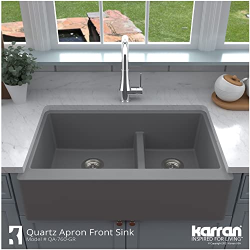Karran Farmhouse Apron Front Quartz Composite 34 In. Double Offset Bowl Kitchen Sink In Black #TOP5