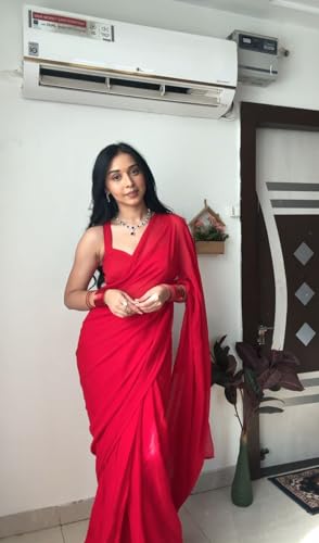 Image of StyleScope Women's Plain Georgette Ready To Wear One Minute Saree With Unstitched Blouse Piece (Kalki)