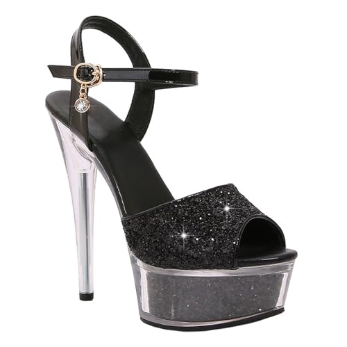 YMPFDGPW Sandali Con Punta Aperta E Plateau A Spillo Da 14,5 Cm Da Donna Di Grandi Dimensioni, Scarpe Da Festa Per L'estate,Nero,39 EU