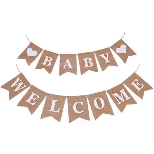 SOFPLATE 2 Pieza 1 Juegos de Letreros de Bienvenida, Pancarta de Lino, Pancarta de Letras Blancas, Banderines Rústicos de Tela de 2.8mm, Carteles Colgantes con Signos de Nacimiento para Decoración de