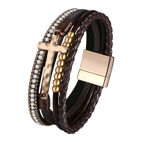 JewelryWe Kreuz Lederarmband Damen Wickelarmband: Braun Vintage Boho Kreuz Strass Kugel Perlen Mehrreihig Leder Geflochten Armband Armreif mit Magnetverschluss