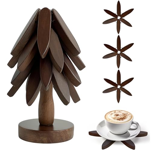 Baya Wooden Trivet Tree Set – 4 Stackable Wooden Trivets for Hot Dishes with Stand – Handmade Wood for Kitchen Table, Decorative Pot Holders, Cute Mother's Day, Hostess Gifts